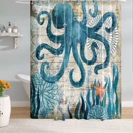 BIVINAR Long Octopus Shower Curtain 72 x 78 Inch, Ocean Themed Shower Curtain for Bathroom Decor, Nautical Fabric Shower Curtain with 12 Hooks