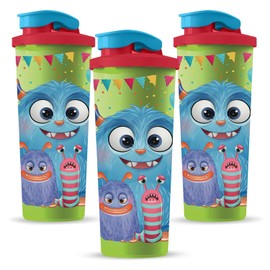 Guateplast - Set de 3 Vasos con Tapa | Vasos de Plástico | Juego de Vasos | Vasos Reusables | Bebidas | Vasos con Tapa | Diseño Monstruo