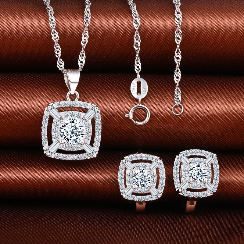 MicLee Square Zirconia Necklace Pendant and Earrings Hoops for Women