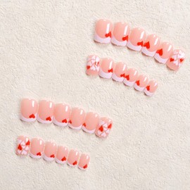 MERVF Valentines Press on Nails Short Square Fake Nails White French Tip Glue on Nails Red Heart Press ons Acrylic Squoval False Nails with Design for Women Glossy 24pcs