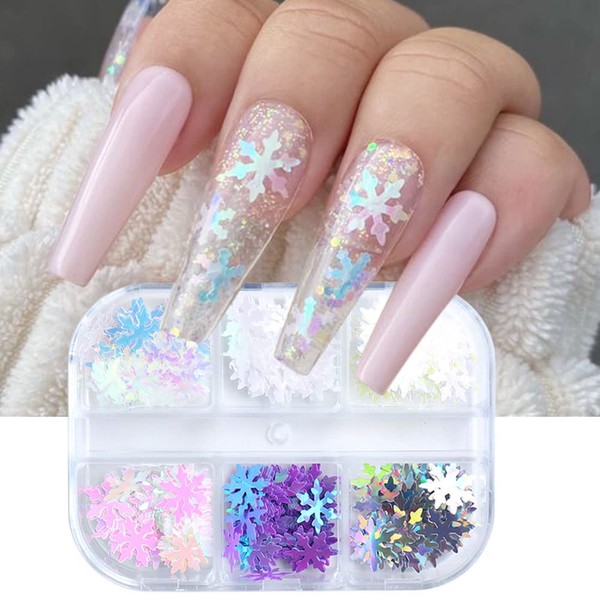 Snowflake Nail Art Glitter Christmas 3D Holographic Sparky Snowflake Nail Sequins Mixed Color Glitters Snowflake Flakes Acrylic Nail Supplies Winter Xmas Design Decoration DIY Accessories Women