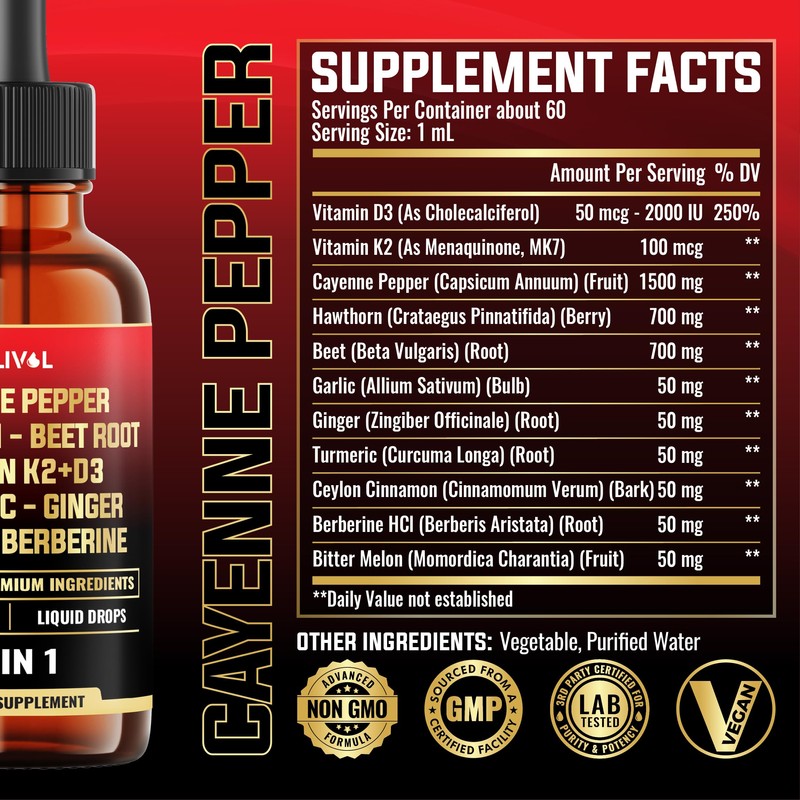 MILIVOL 11in1 Cayenne Pepper Liquid Drops with Hawthorn Berry, Beet