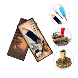 OHPHCALL Antique Quill Dip Pen Set with Replacement Nibs Elegant Box for Calligraphy Lovers Includes Pen Nibs Ink Bottle Stand Birthday Present Color