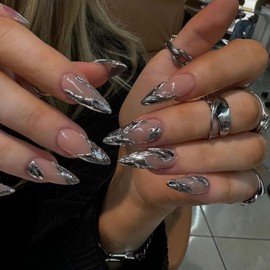 IMRAIN French Tips Press on Nails Medium Almond Fake Nails Silver Chrome Glossy Glue on Acrylic Nails Full Cover Nude Nature Handmade Gel False Nails Press ons Y2K Finger Manicure Decorations