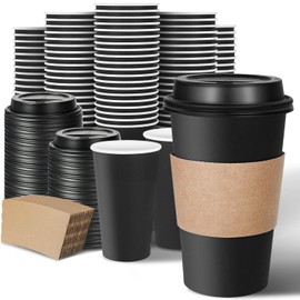 Ginkgo 100 Pack Disposable Coffee Cups with Lids and Sleeves 16 oz, To Go Black Paper Hot Drinks Cups for Home, Cafes and Coffee bar Accessories