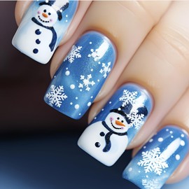 TBRZTR Christmas Blue Press on Nails Short Cute Snowman False Nails With White Snowflake Design Full Cover Glossy Glue on Square Acrylic Xmas Stick on for Women 24Pcs