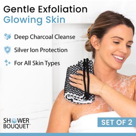 Japanese Exfoliating Washcloth for Back & Body 2-Pack - Charcoal & Silver Ion Exfoliating Towel with Handles - Two-Sided Gentle Exfoliation & Deep Cleanse Body Wash Cloths for Shower - 2 White