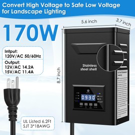 170W Low Voltage Landscape Transformer with Timer & Photocell for Landscape Lighting, 120V to 12V/15VAC, Stainless Steel, Weatherproof for Outdoor Landscape Lights,Yard Lights,Garden Lights