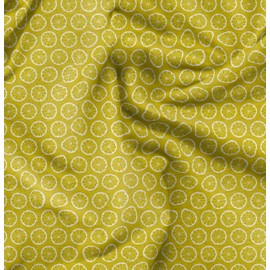 Soimoi Yellow polyester Crepe Fabric Lemon Slice Block Print Fabric by the metre 52 Inch Wide