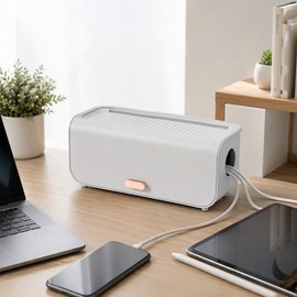 Desktop Cable Management Box for Chargers - Covered PP Organizer for Cords, Adapters & Charging Accessories