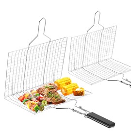 Mifoci 2 Pcs Grill Basket with Removable Handle Barbecue BBQ Grilling Basket Vegetable Fish Grill Basket Folding Portable Stainless Steel Fish Grilling Rack for Grill Cooking Outdoor Camping BBQ Gifts