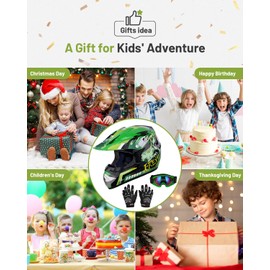 Oumurs DOT Youth Dirt Bike Helmet with Goggles & Gloves for 5-14 Years Old, Kid ATV Helmets for Youth Boys Girls, Four Wheeler Helmet, Motocross BMX MX UTV Offroad Street Go Kart Dirt Bike Dinosaur