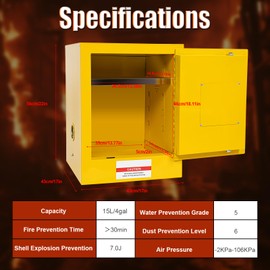 KONKENIE 15L/4Gal Safety Flammable Liquids Storage Cabinet Fire Protection Steel Plate Single Door Leak-Proof Cabinet Fuel Gasoline Container for Laboratories Hospitals Factories Yellow (17x17x22in)