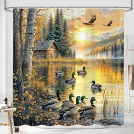 Rustic Cabin Shower Curtain, Retro Country Farmhouse Duck Natural Forest Lake Scenery Bath Curtain for Bathroom, Woodland Hunting Wildlife Theme Waterproof Fabric Shower Curtain Set 12 Hooks 72X72IN