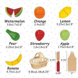 Wooden Cutting Fruits Vegetables Set for Kids, Pretend Play Food Toy Set with Wooden Knife, Tray and Basket for Boys Girls (Fruit Basket)