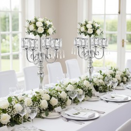 Silver Candelabra Table Centerpieces: 5 Arm Crystal Pendant Candle Holders