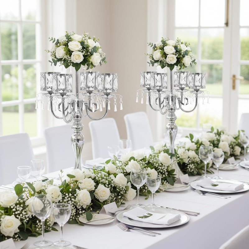 Silver Candelabra Table Centerpieces: 5 Arm Crystal Pendant Candle Holders