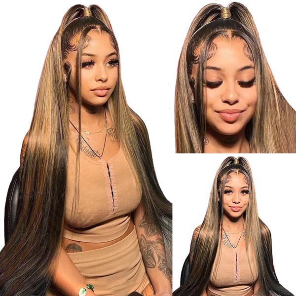 Women's Ombre Highlight Blonde Brown Short Straight Human Hair Wig, 13 x 4 HD Lace Front Wig Human Hair for Black Women, 2/27 Blonde Wigs Real Hair Glueless Wig Human Hair 14 Inches