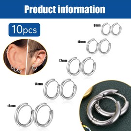 5 Pairs Hoop Earrings Silver Small Solid Titanium 8mm 10mm 12mm 14mm 16mm Stainless Steel Huggie Piercings Cartilage Women Men