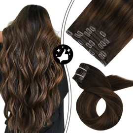 Moresoo 24 Inch Balayage Clip in Hair Extensions Color #2 Dark Brown to #6 Chestnut Brown Human Hair Highlighted Clip in Extensions 120Grams 7PCS Ombre Human Hair Clip in Extensions