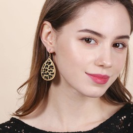 Bonaluna Boho Chic Wood Teardrop Statement Earrings with Multi-Patterned Design & Gold Plated Metal Frame for Women