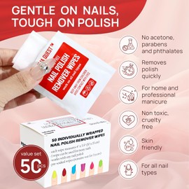 Nail Polish Remover Pads - 100% Non-Acetone - 50 Pack Bulk Set - Individually Wrapped - Quick Nail Polish Remover Wipes - Fingernail Travel Kit to Clear Nail Polish for Home & Professional Removal