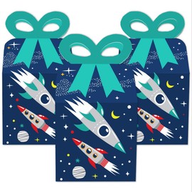 Big Dot of Happiness Blast Off to Outer Space - Square Favor Gift Boxes - Rocket Ship Baby Shower or Birthday Party Bow Boxes - Set of 12