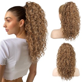 HOOJIH Ponytail Extension, Curly Wavy Drawstring Ponytail Hair Extensions Extra Fluffy Fake Pony Tail Extension 18 Inch Synthetic Hairpiece for Women Daily Use - Dark Copper Ash Blonde