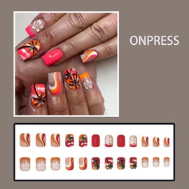 ONPRESS 24Pcs Summer Press on Nails Short Square Fake Nails with Coconut Tree Design Orange French Tip Glue on Nails White Flower Beach False Nails Colorful Line Clouds Stick on Nails for Women Decor