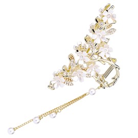 Pearl Tassel Hair Clip, Zinc Alloy Elegant Flower Barrettes Bun Holder Fancy Claw Banana Clip Hair Accessories for Women Girls Updos Ponytails & Buns