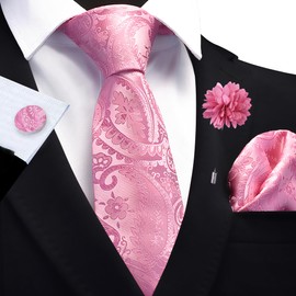 GUSLESON Pink Tie Set for Men Paisley Wedding Silk Necktie Pocket Square Cufflinks and Lapel Pin Brooch Set (6111-05)