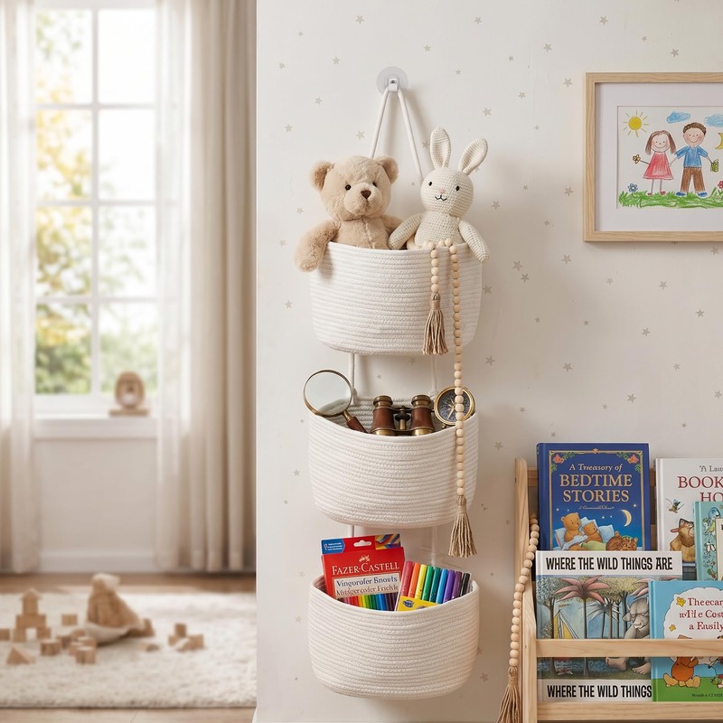 Wall Hanging Rope Baskets 3-Tier Boho Organizers (White & White,