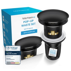 Bächlein Universal Drain Set with Overflow (Matt Black) - Brass Drain Valve Drain Set - Installation with Instructions