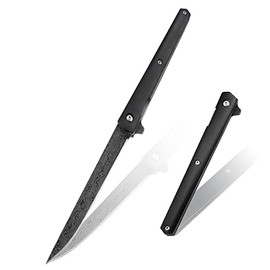Cuchillo de bolsillo delgado Carimee de 4'' de apertura, cuchillo caballero multifuncional EDC con patrón damasco, hoja láser D2 de acero inoxidable con funda de cuero - hoja curva