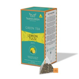 TeaNOURISH Lemon Tulsi Green Tea | 20 Count Pyramid Tea Bags | Darjeeling Whole Leave | Stress Relief Tea | Immune Support Tea | 100% Natural Infusion