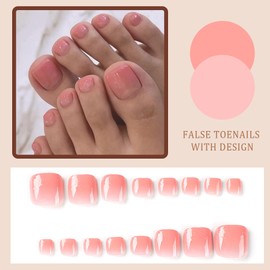Ceboic 24Pcs Square False Toenail Short, 12 Sizes French Stick on Toenails Pink Gradient Fake Toe Nail, Reusable Natural Full Cover Acrylic Press on Toenails for Women Girls Nail Art Decorations