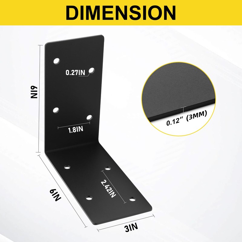 4 Pack 6"x6"x3" L Right Angle Bracket,Heavy Duty Steel Corner