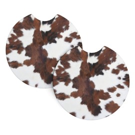Brown Cowhide Cow Print Car Coasters 2 Pack Car Cup Holder Coasters Universal Auto Anti Slip Rubber Car Cup Mat with A Finger Notch Cute Car Interior Accessories for Women Men