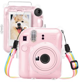 MUZIRI KINOKOO Klare TascheKompatibel für Fuji Instax Mini 12 Instax Kamera - Harte PVC Schutzhülle Transparent für Instax Mini 12 - mit Fototasche auf der Rückseite & verstellbarem Regenbogenband