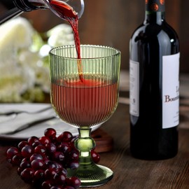 24 Pcs Green Vintage Wine Glasses, 11 Ounces Colored Glass Water Goblets, Unique Embossed Pattern High Clear Stemmed Glassware Wedding Party Bar Glass Drinking Cups Fancy Glasses Vertical Line Set