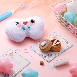 Poen 23 Pcs Tooth Fairy Kit, Include Plush Tooth Fairy Pillow for Girls and Boys, Wooden Tooth Fairy Box Tooth Keepsake with 20 Tooth Fairy Receipt and Bottle of Glitter for Baby Kid Toddler Gift