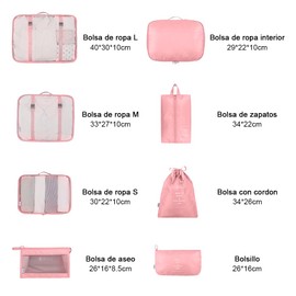 DAHAN 8PCS Organizadores de Viaje para Maletas, Bolsas de Equipaje Impermeable Cubo Embalaje de Viaje Bolso de Almacenamiento a Ropa, Zapato, Cosmético y Accesorio, Organizador de Maleta Bolsa (Rosa)