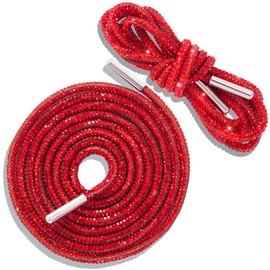 Lekgavd 2PCS Rhinestone Glitter Shoelace Ropes, 47" Shiny Crystal Replacement Hoodie Strings, Sparkly Bling Round Drawstring Cords for Sneakers, Sweatpants, Bags - Red