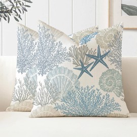 Miuyunya Waterproof Cushion Covers Pack of 2 45 x 45 cm Decorative Outdoor Cushion Cover Spring Summer Blue Starfish Shell Coral Cushion Cover Ocean Theme Decorative for Patio Garden Sofa