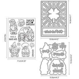 INFUNLY 3PCS St. Patrick's Day Stamps and Dies for Card Making Gnome Clear Stamps and Die Cuts Clover Stamp Frame Cutting Dies Word Rubber Stamps for DIY Scrapbooking Journaling Album Paper Crafts