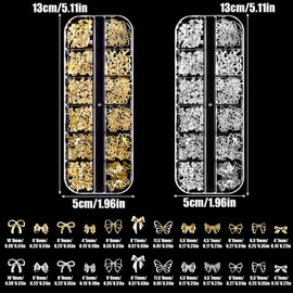 3D Bow Nail Charms, 2Boxes 24Grids Bow Butterfly Nail Gems and Charms,Metal Alloy Gold Silver Nail Studs Bowknot Nail Art Decorations Accessories for Nail Art Design DIY Crafts (Gold Silver C)