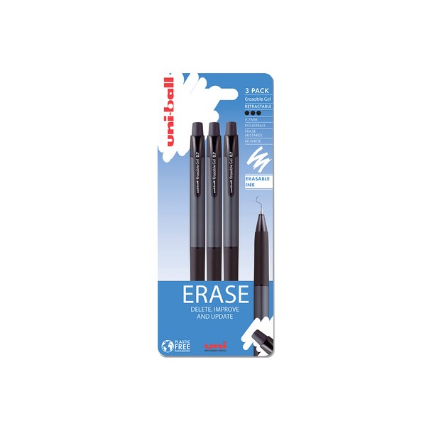 On Point Rollerball Erasable Ink Pen 3 Pack in Black (Retractable)