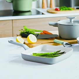 Berghoff Balance Non-stick Ceramic Square Grill Pan 10", Recycled Aluminum, Non-toxic, CeraGreen Nonstick Coating, Stay-cool Handle, Induction Pan, 100% Sustainable, Moonmist