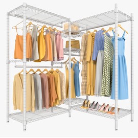 VIPEK L6 Heavy Duty Clothes Rack L Shape Clothing Rack 5-Tier Wire Garment Rack Freestanding Closet with 7 Adjustable Shelves & 4 Hanging Rods, 42" L x 42" W x 76.4" H, Max Load 850LBS, White