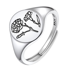 FindChic Birth Flower Ring for Women January Carnation Month Floral Round Signet 925 Sterling Silver Adjustable Statement Ring